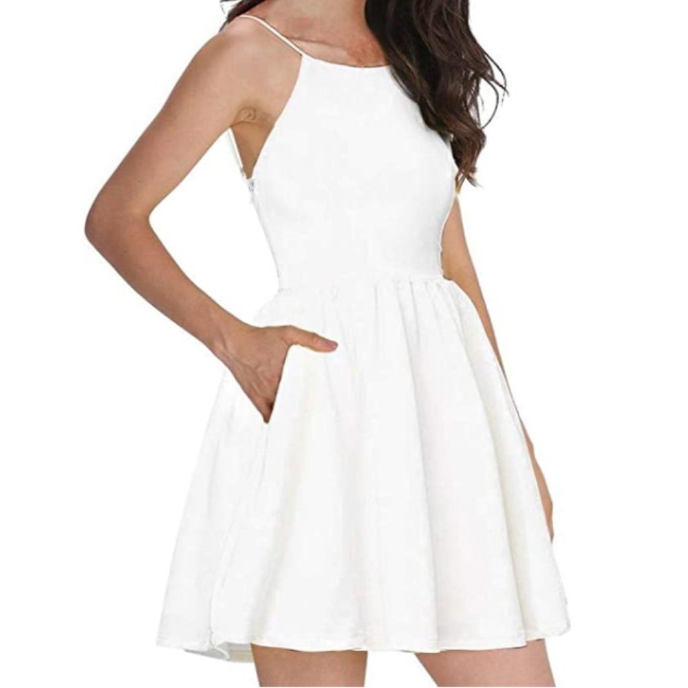 White Spaghetti Strap High Neck Mini Dress